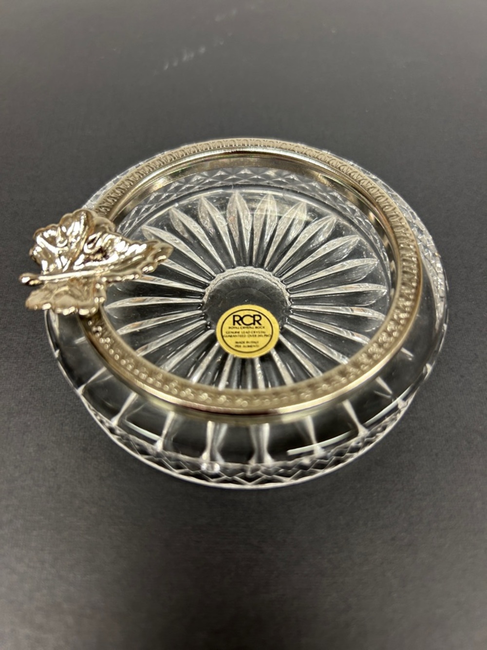 Vintage 90’s 24 percent lead crystal Italian round ashtray with metal edging
